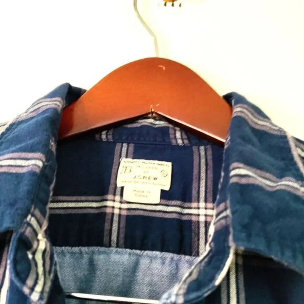 J. Crew Men L Button Blue/White Plaid Long Sleeves Flannel Work Chore Barn Shirt